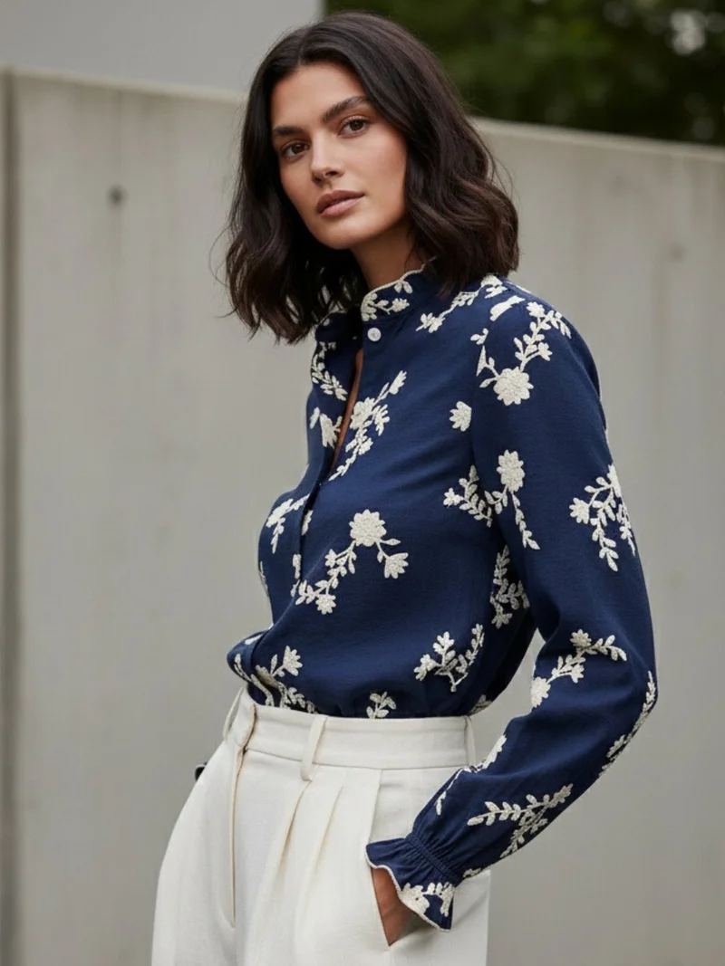 Outzidr Blue Navy Blue Bishop Sleeve Front Buttoned Embroidered Top for Women | Best Price UAE